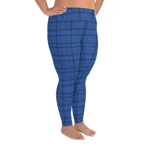 Royal Blue Plaid Print Leggings, Plaid Printed Women's Designer Plus Size Leggings  For Curvy Ladies - Made in USA/EU