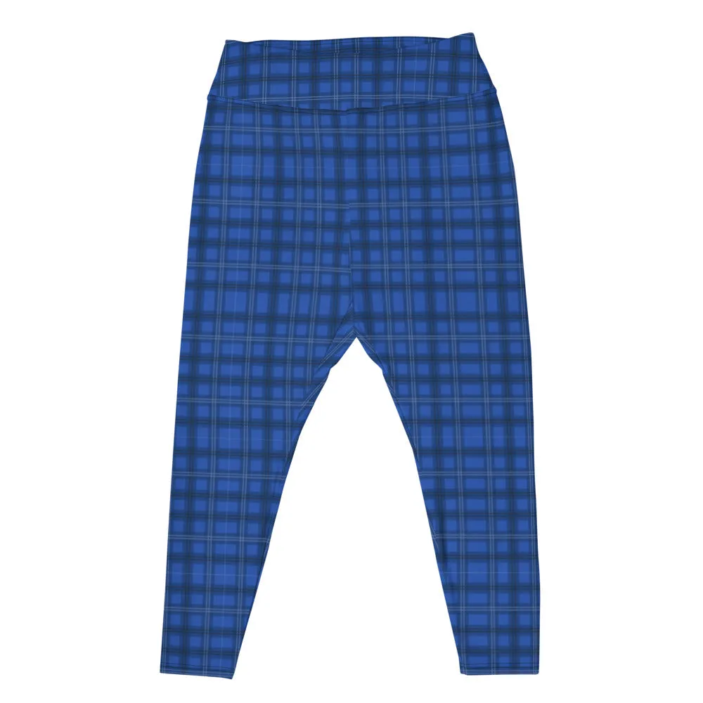 Royal Blue Plaid Print Leggings, Plaid Printed Women's Designer Plus Size Leggings  For Curvy Ladies - Made in USA/EU