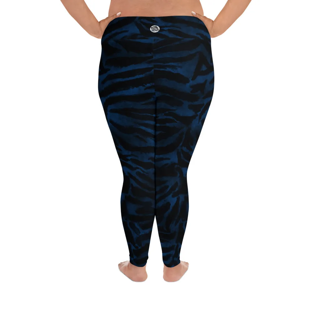 Royal Blue Tiger Striped Tights, Best Tiger Stripe Animal Print Women's Long Yoga Pants Plus Size Leggings