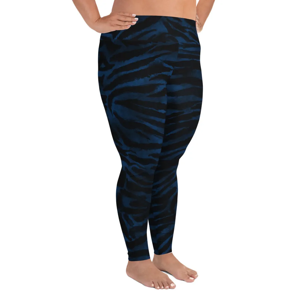 Royal Blue Tiger Striped Tights, Best Tiger Stripe Animal Print Women's Long Yoga Pants Plus Size Leggings