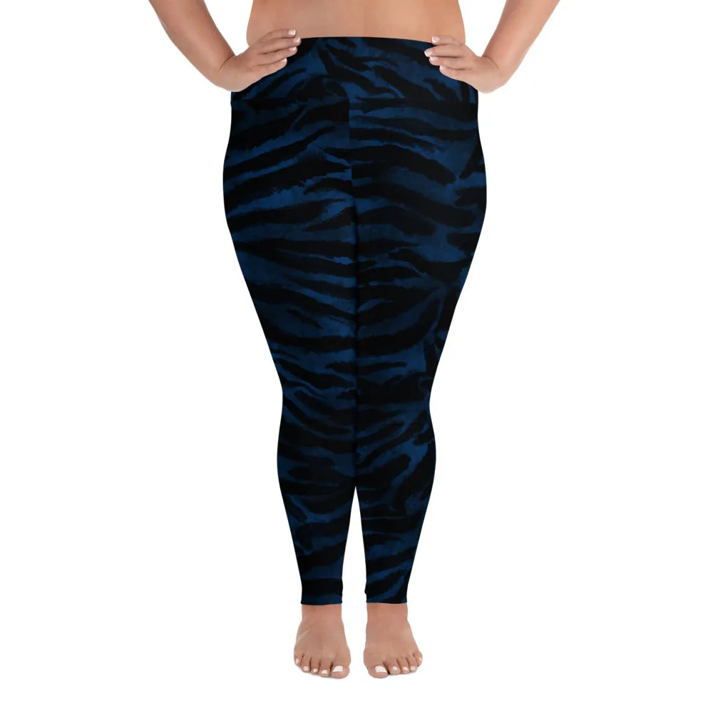 Royal Blue Tiger Striped Tights, Best Tiger Stripe Animal Print Women's Long Yoga Pants Plus Size Leggings