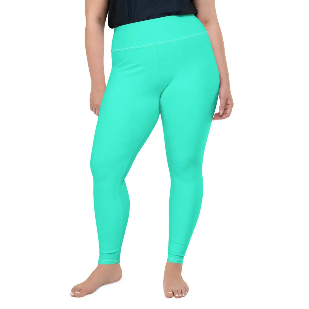 Turquoise Blue Plus Size Leggings, Bright Solid Color Stretchy Yoga Pants- Made in USA/EU