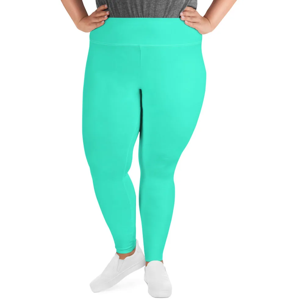 Turquoise Blue Plus Size Leggings, Bright Solid Color Stretchy Yoga Pants- Made in USA/EU