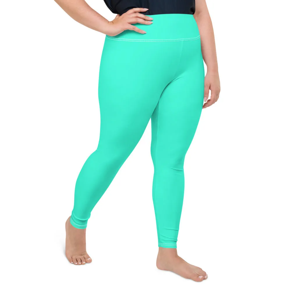 Turquoise Blue Plus Size Leggings, Bright Solid Color Stretchy Yoga Pants- Made in USA/EU