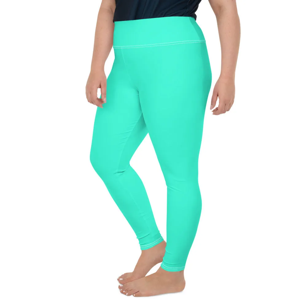 Turquoise Blue Plus Size Leggings, Bright Solid Color Stretchy Yoga Pants- Made in USA/EU