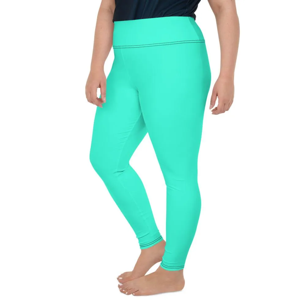 Turquoise Blue Plus Size Leggings, Solid Color Bright Women's Best Tights- Made in USA/EU