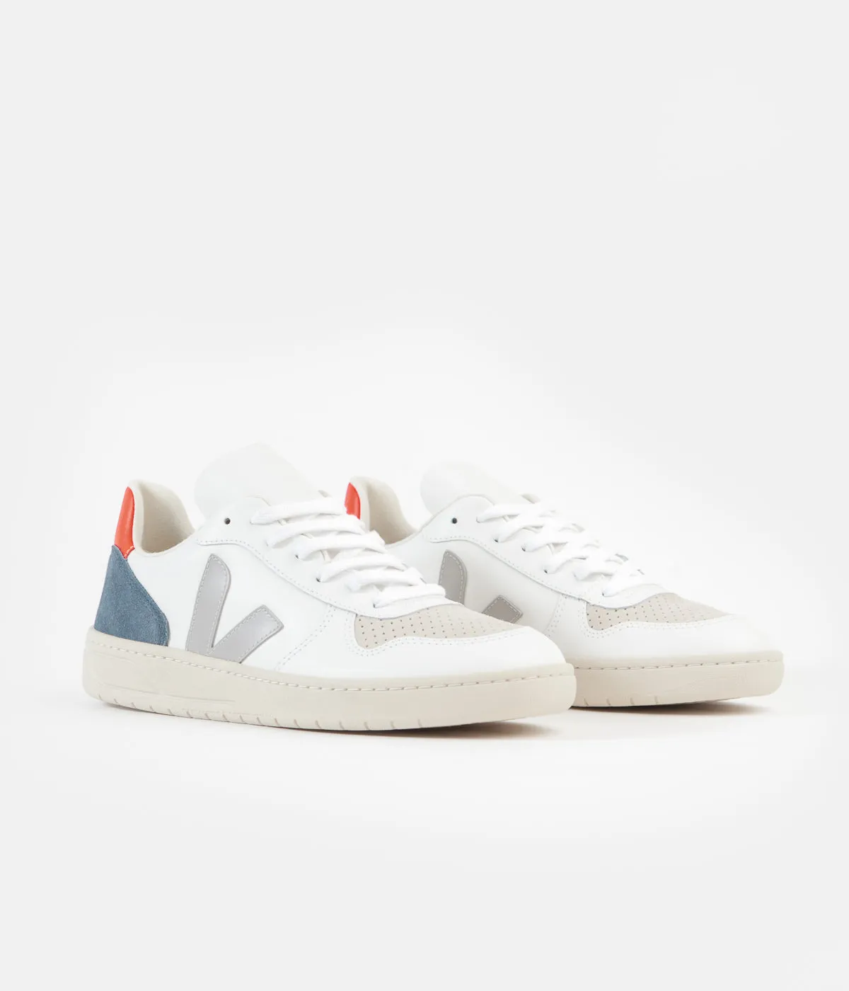 Veja V-10 Leather Shoes - Extra White / Oxford Grey / Orange Fluoro