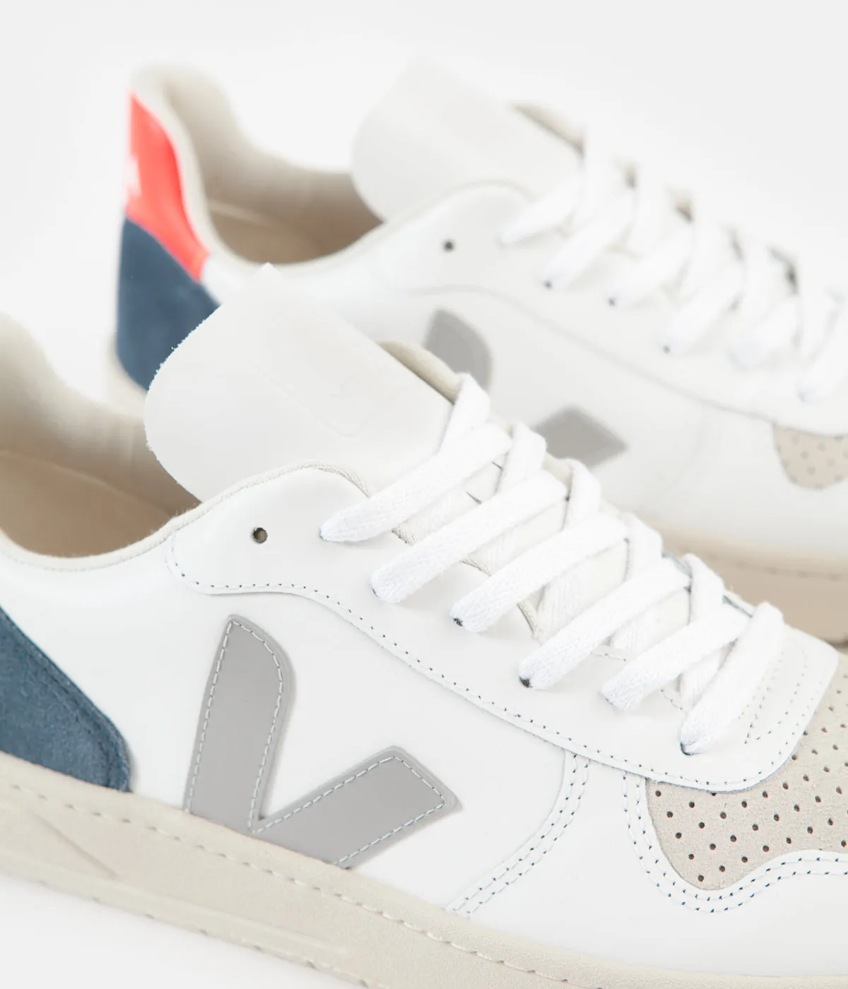 Veja V-10 Leather Shoes - Extra White / Oxford Grey / Orange Fluoro