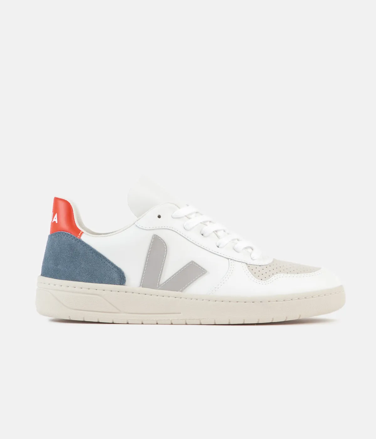 Veja V-10 Leather Shoes - Extra White / Oxford Grey / Orange Fluoro