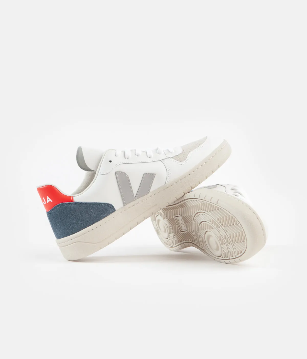 Veja V-10 Leather Shoes - Extra White / Oxford Grey / Orange Fluoro