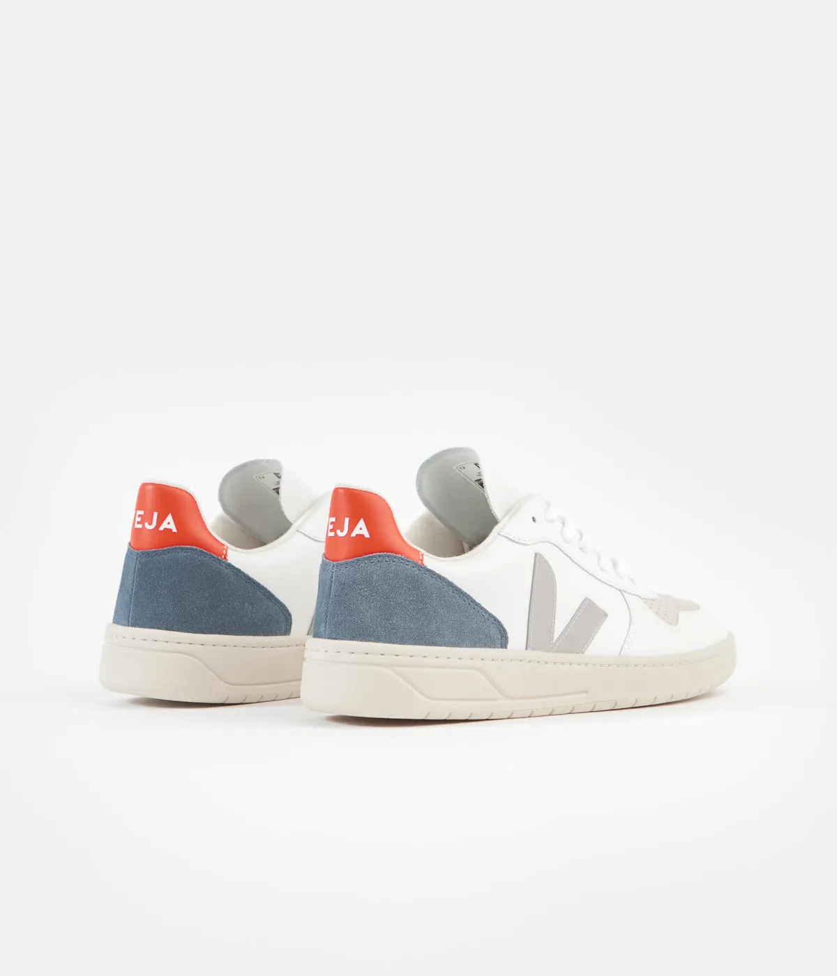 Veja V-10 Leather Shoes - Extra White / Oxford Grey / Orange Fluoro