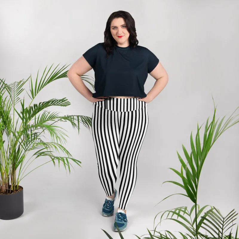 Vertical Striped Plus Size Tights, Best Black White Stripe Print Women's Plus Size Leggings Tights- Made in USA/ EU