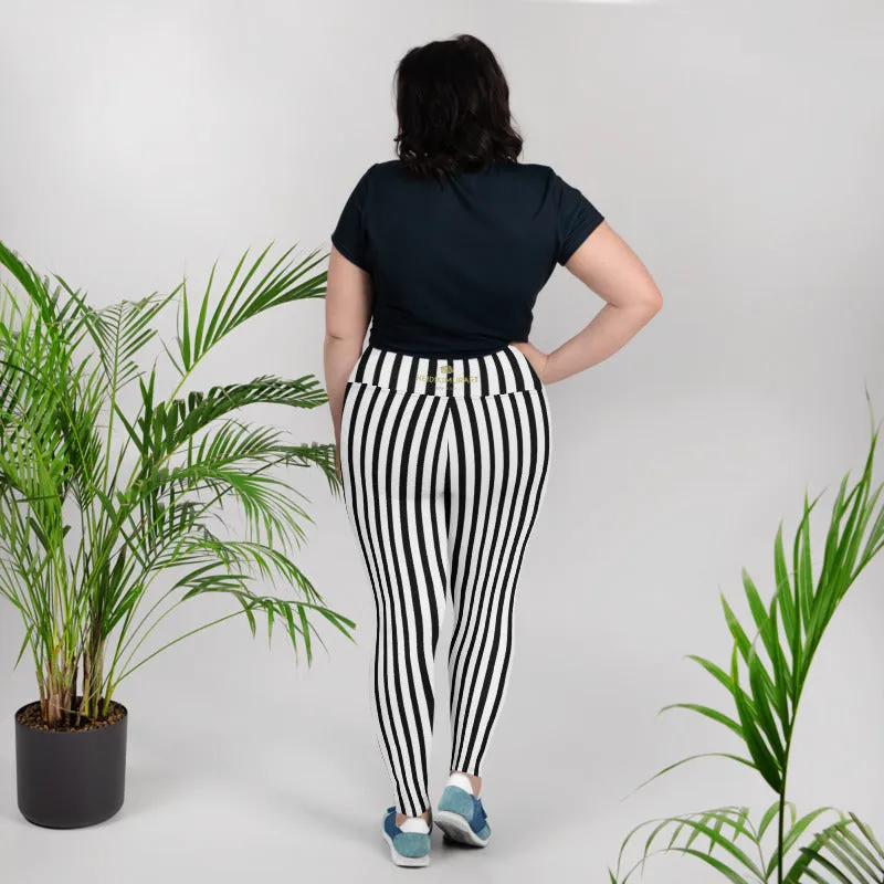 Vertical Striped Plus Size Tights, Best Black White Stripe Print Women's Plus Size Leggings Tights- Made in USA/ EU