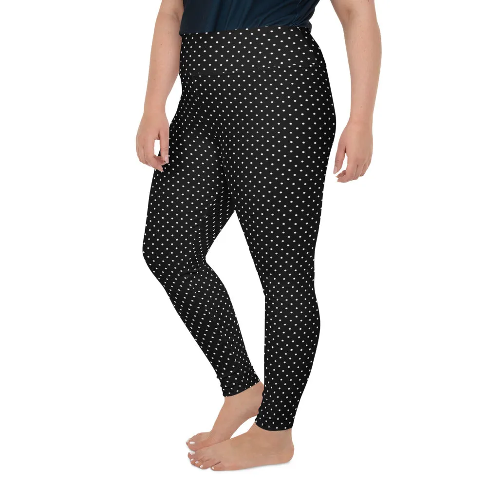 White Dots Plus Size Leggings, Black White Polka Dots Long Yoga Tights-Made in USA/EU