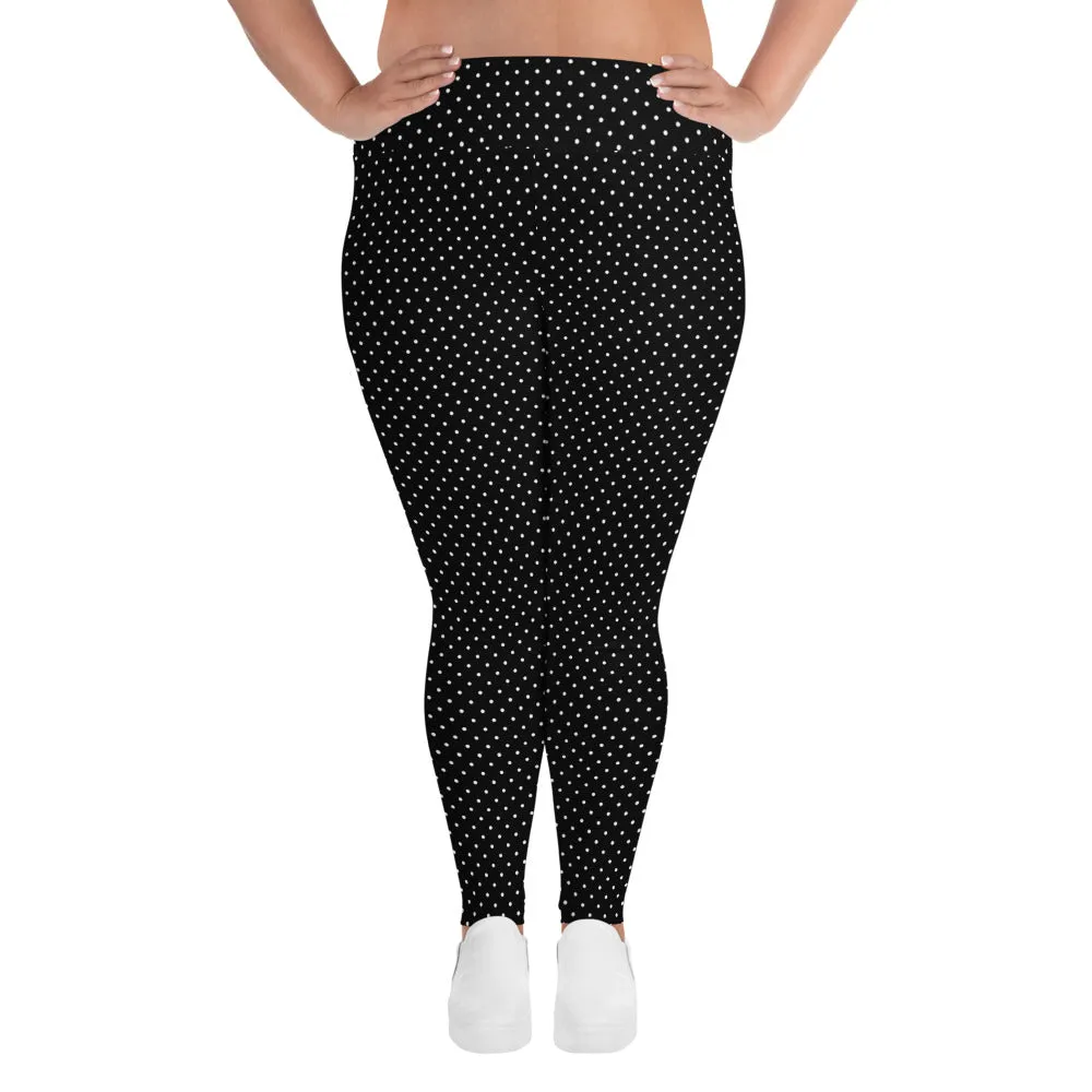 White Dots Plus Size Leggings, Black White Polka Dots Long Yoga Tights-Made in USA/EU