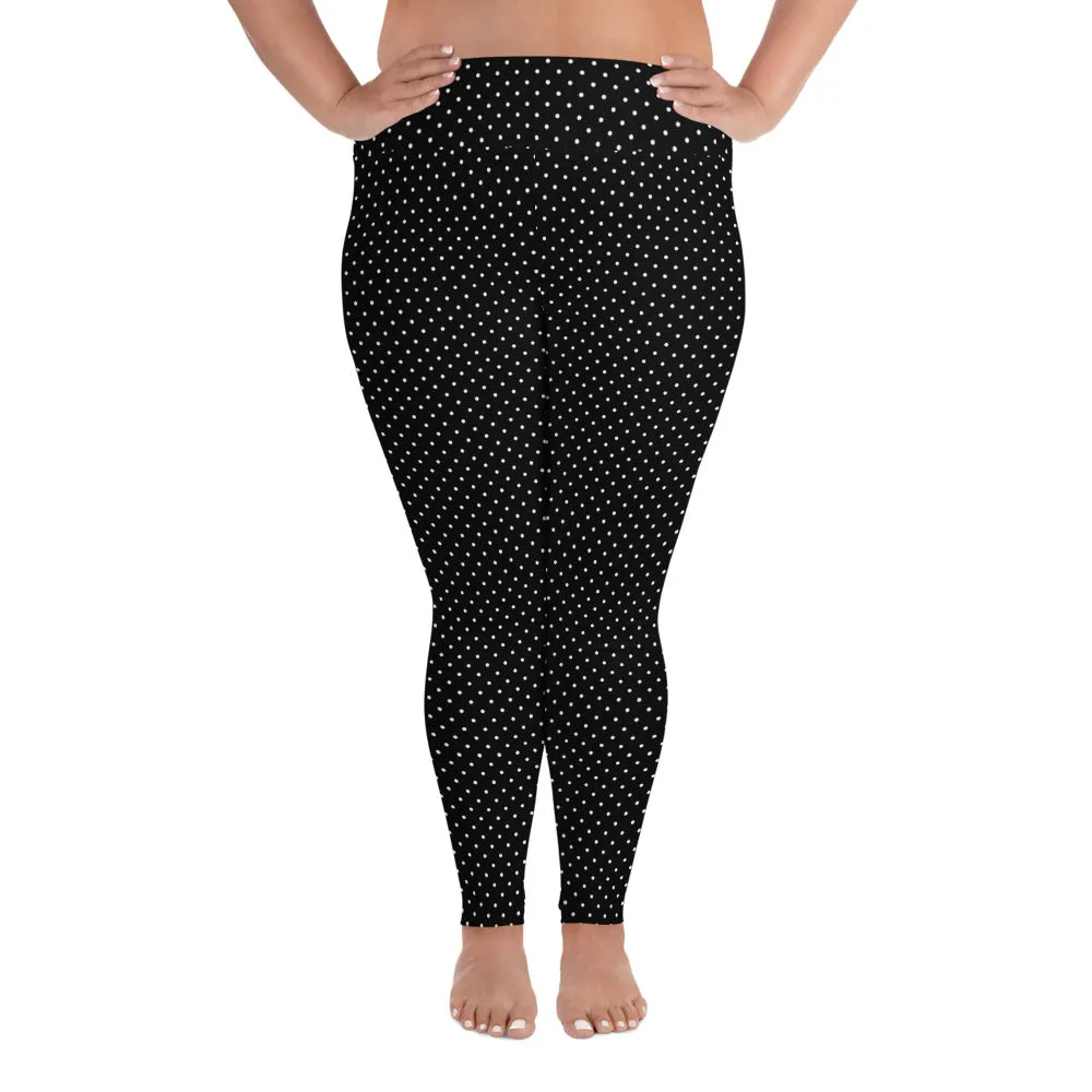 White Dots Plus Size Leggings, Black White Polka Dots Long Yoga Tights-Made in USA/EU