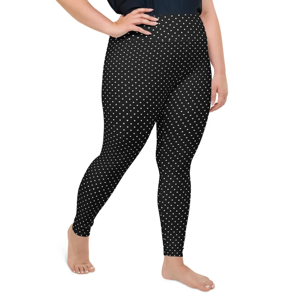 White Dots Plus Size Leggings, Black White Polka Dots Long Yoga Tights-Made in USA/EU