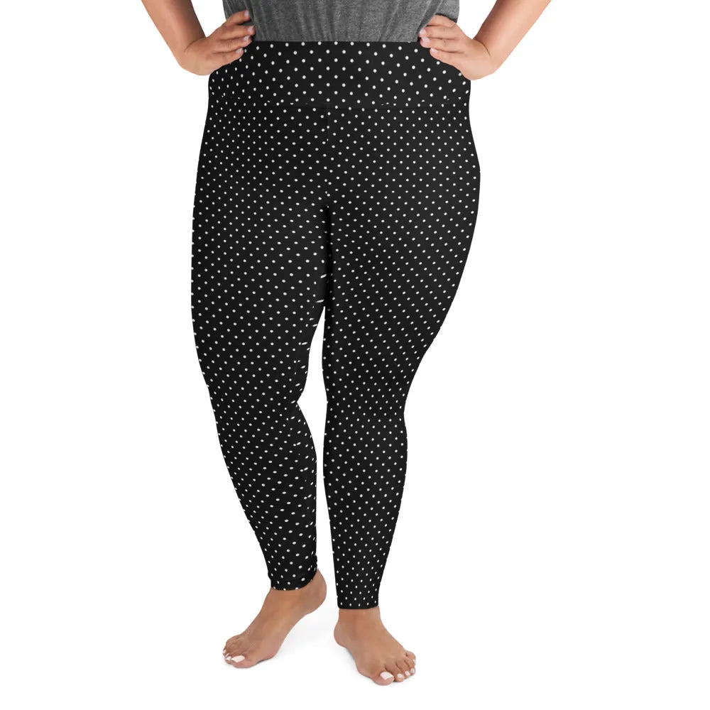 White Dots Plus Size Leggings, Black White Polka Dots Long Yoga Tights-Made in USA/EU