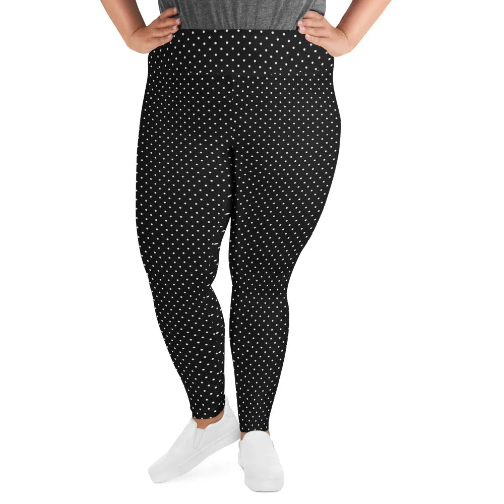 White Dots Plus Size Leggings, Black White Polka Dots Long Yoga Tights-Made in USA/EU