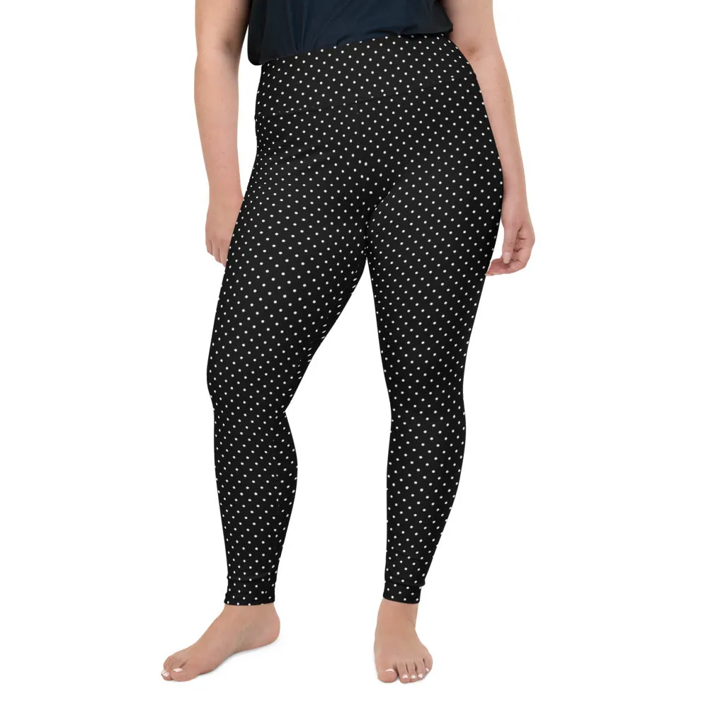 White Dots Plus Size Leggings, Black White Polka Dots Long Yoga Tights-Made in USA/EU