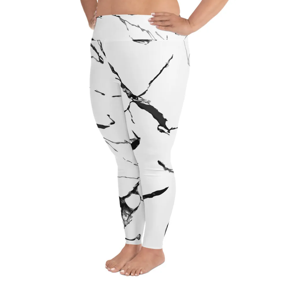 White Marble Plus Size Tights, Best Marbled Print Women's High Waist Premium Long Yoga Pants Plus Size Leggings