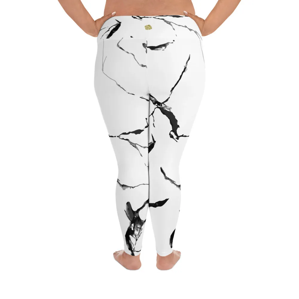 White Marble Plus Size Tights, Best Marbled Print Women's High Waist Premium Long Yoga Pants Plus Size Leggings