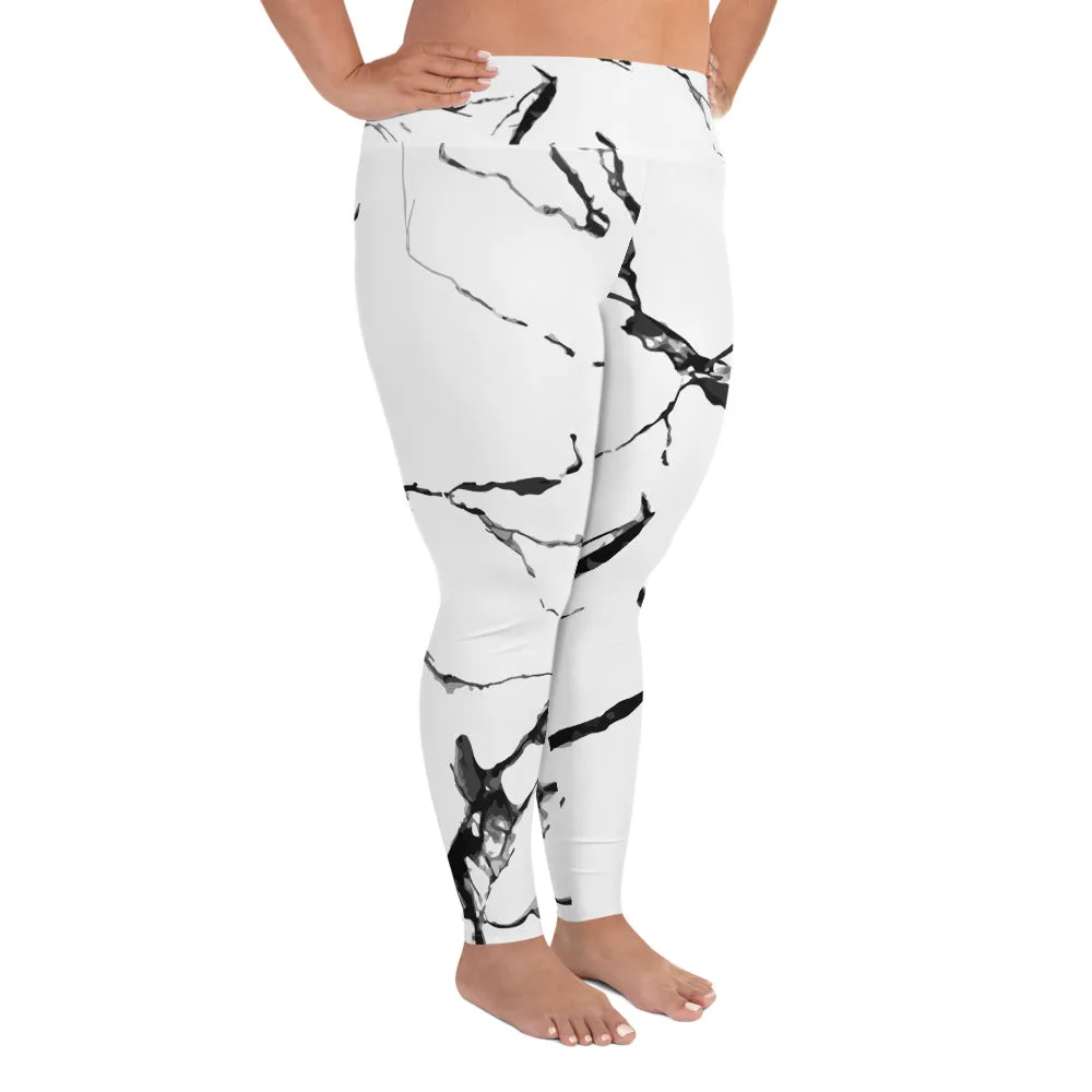 White Marble Plus Size Tights, Best Marbled Print Women's High Waist Premium Long Yoga Pants Plus Size Leggings