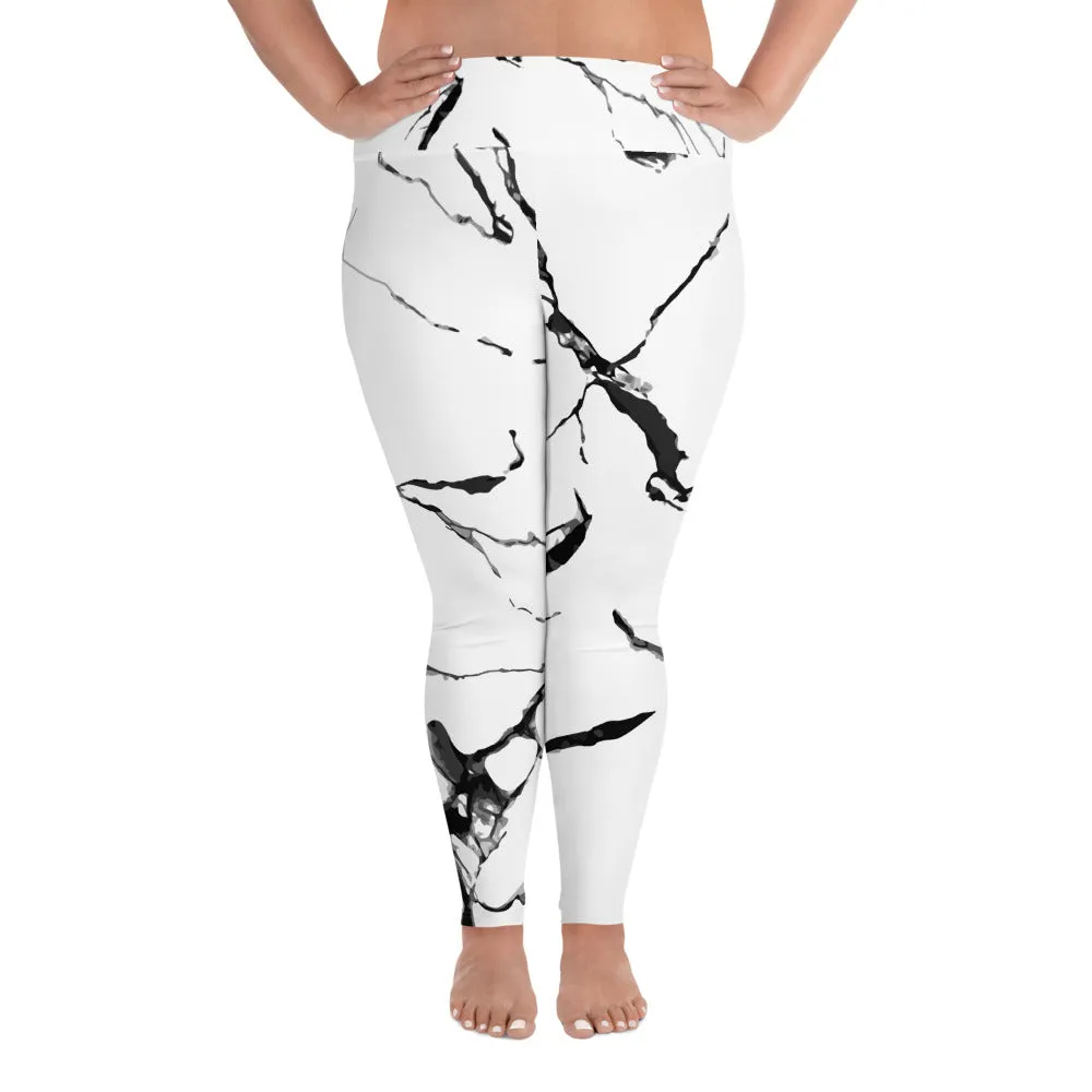 White Marble Plus Size Tights, Best Marbled Print Women's High Waist Premium Long Yoga Pants Plus Size Leggings