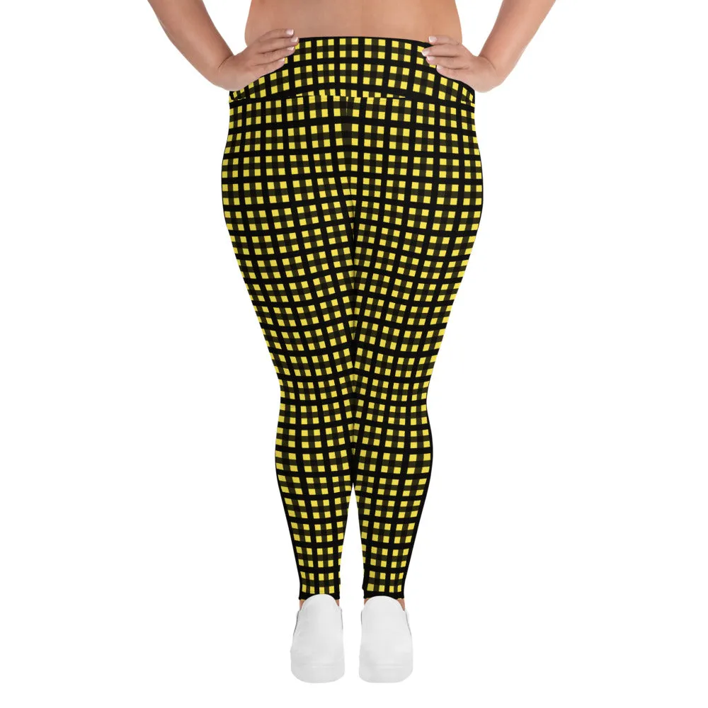 Yellow Buffalo Plus Size Leggings, Black Women's Plaid Print Yoga Pants- Made in USA/EU