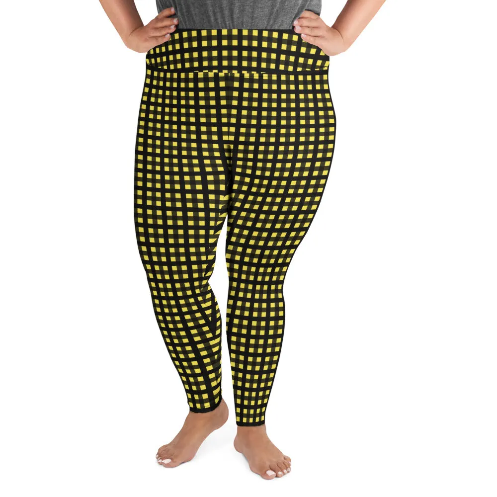 Yellow Buffalo Plus Size Leggings, Black Women's Plaid Print Yoga Pants- Made in USA/EU