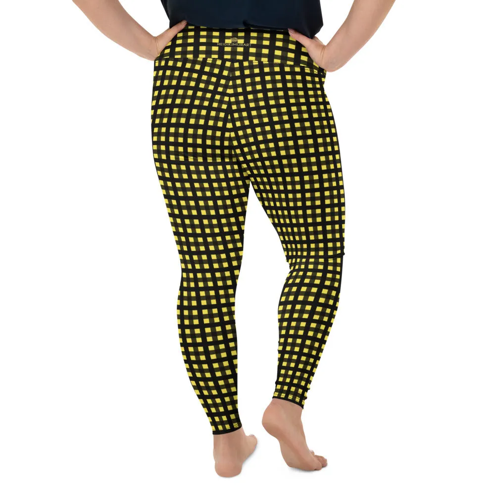 Yellow Buffalo Plus Size Leggings, Black Women's Plaid Print Yoga Pants- Made in USA/EU