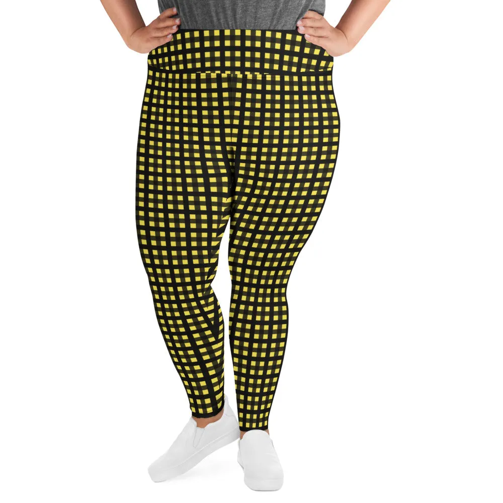 Yellow Buffalo Plus Size Leggings, Black Women's Plaid Print Yoga Pants- Made in USA/EU