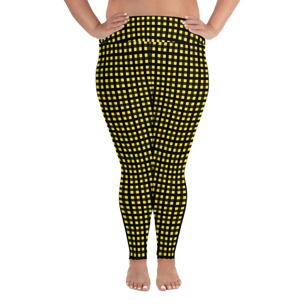 Yellow Buffalo Plus Size Leggings, Black Women's Plaid Print Yoga Pants- Made in USA/EU