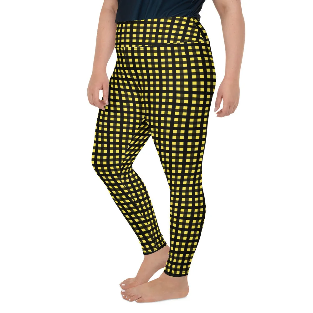 Yellow Buffalo Plus Size Leggings, Black Women's Plaid Print Yoga Pants- Made in USA/EU