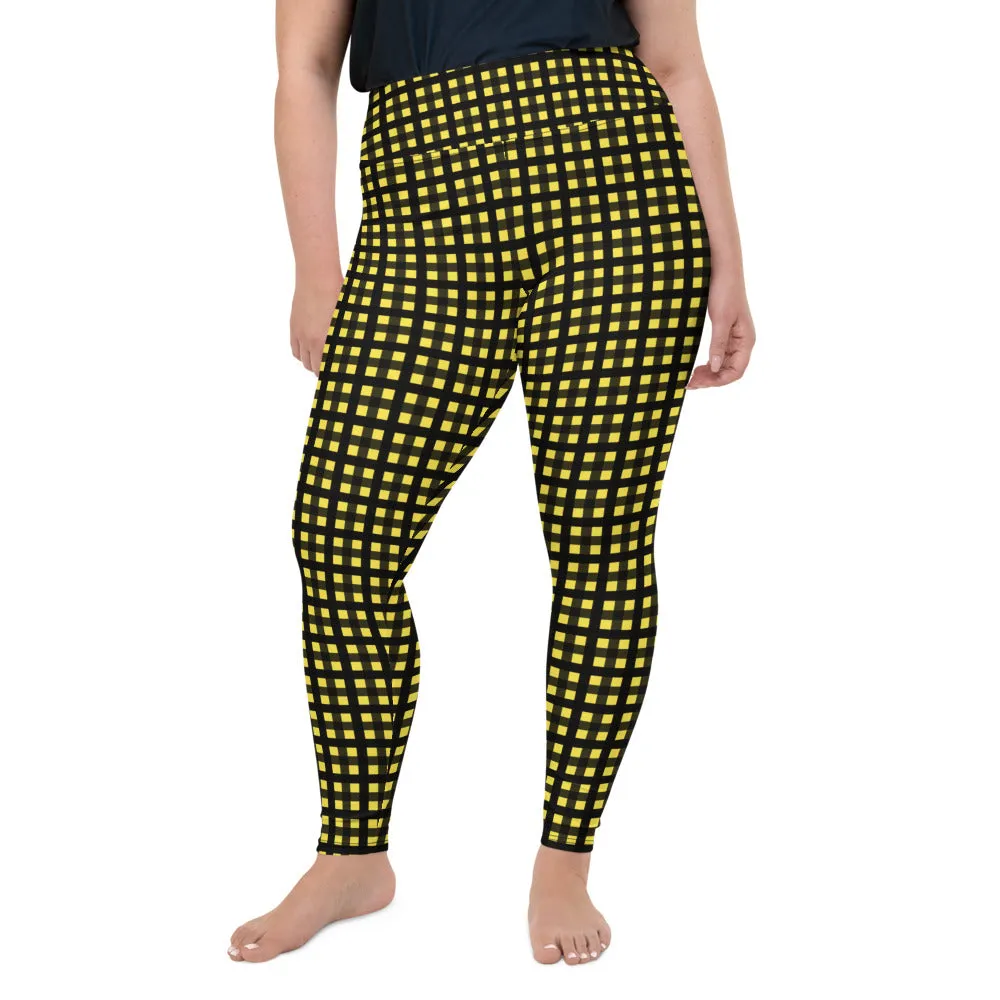 Yellow Buffalo Plus Size Leggings, Black Women's Plaid Print Yoga Pants- Made in USA/EU