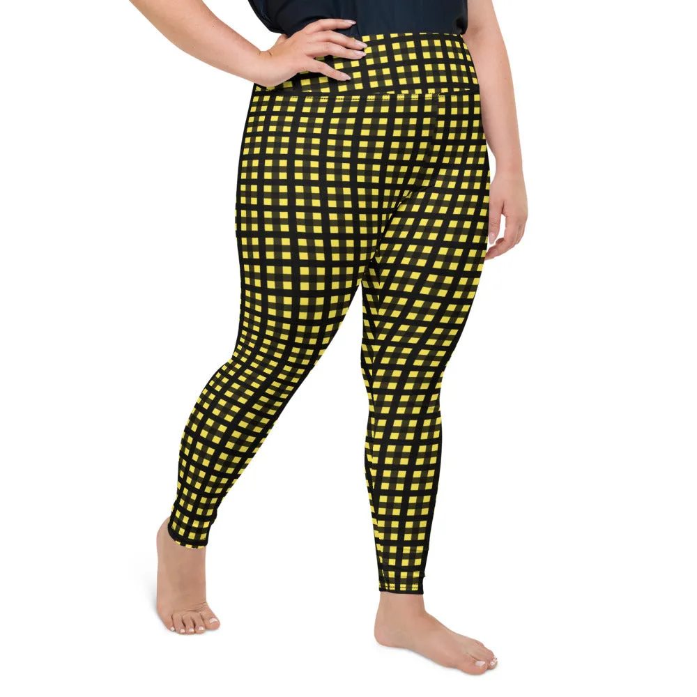 Yellow Buffalo Plus Size Leggings, Black Women's Plaid Print Yoga Pants- Made in USA/EU