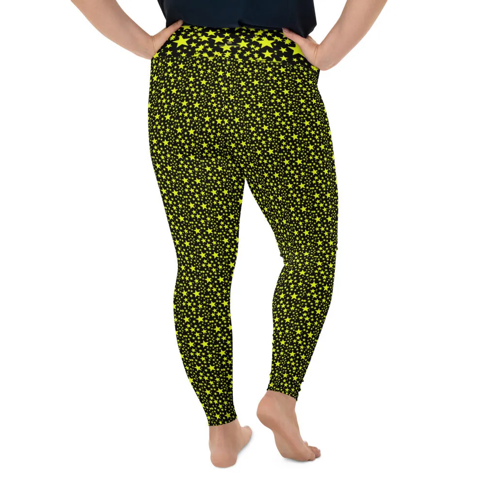 Yellow Rock Star Leggings, Stars Women's Plus Size Leggings Yoga Pants- Made in USA/EU