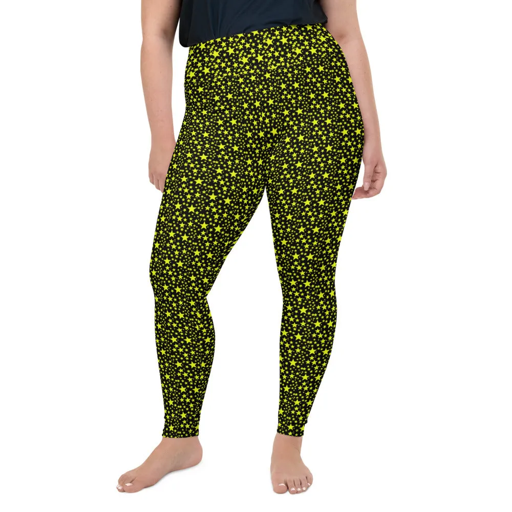 Yellow Rock Star Leggings, Stars Women's Plus Size Leggings Yoga Pants- Made in USA/EU