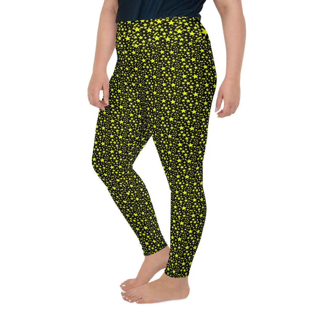 Yellow Rock Star Leggings, Stars Women's Plus Size Leggings Yoga Pants- Made in USA/EU