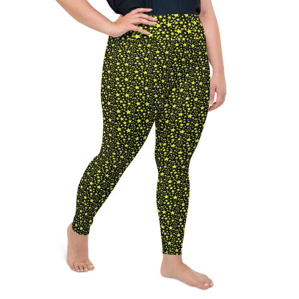 Yellow Rock Star Leggings, Stars Women's Plus Size Leggings Yoga Pants- Made in USA/EU