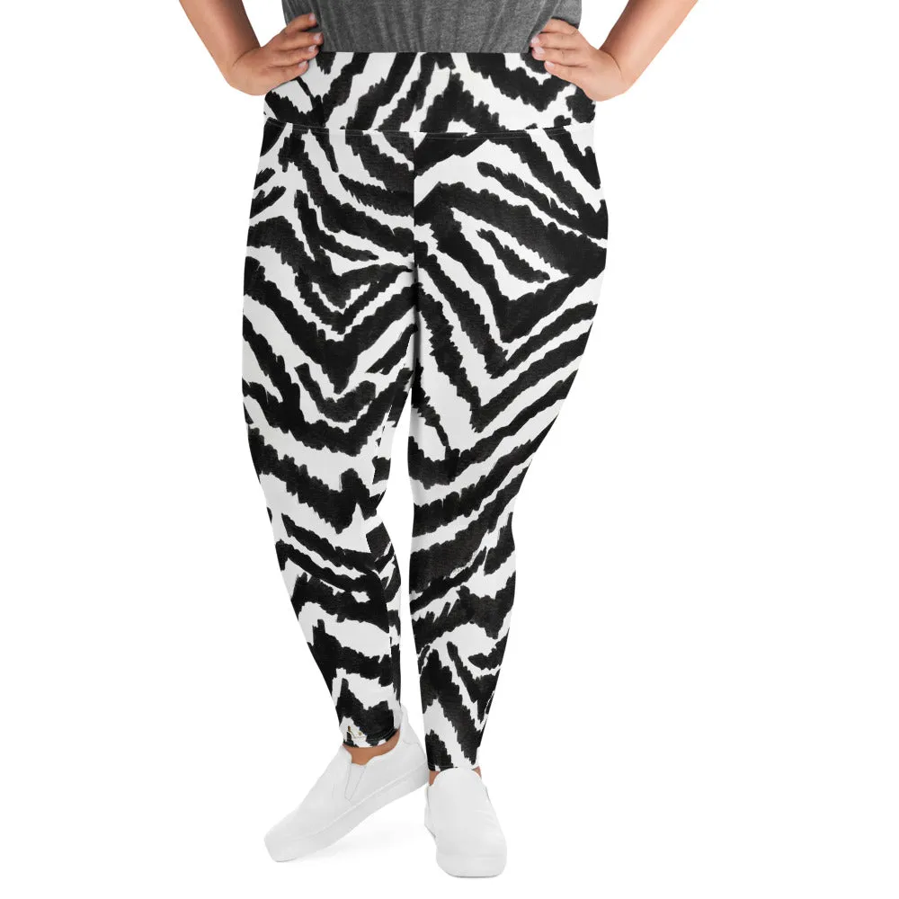 Zebra Plus Size Leggings, Black Striped Animal Print Women's Yoga Tights-Made in USA/EU