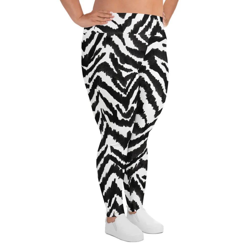 Zebra Plus Size Leggings, Black Striped Animal Print Women's Yoga Tights-Made in USA/EU