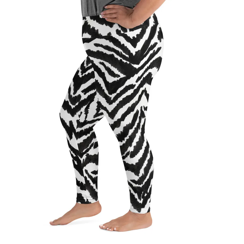 Zebra Plus Size Leggings, Black Striped Animal Print Women's Yoga Tights-Made in USA/EU