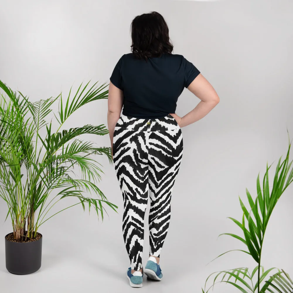 Zebra Plus Size Leggings, Black Striped Animal Print Women's Yoga Tights-Made in USA/EU