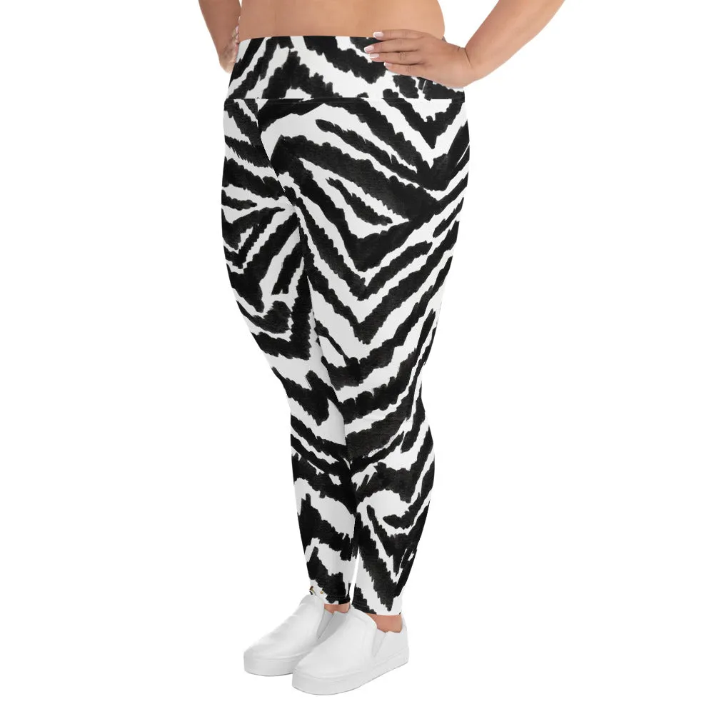 Zebra Plus Size Leggings, Black Striped Animal Print Women's Yoga Tights-Made in USA/EU