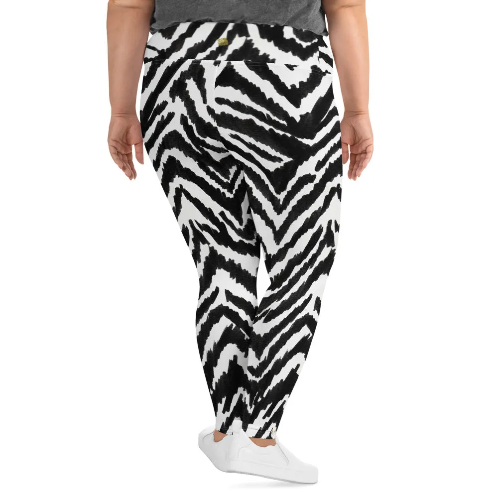 Zebra Plus Size Leggings, Black Striped Animal Print Women's Yoga Tights-Made in USA/EU