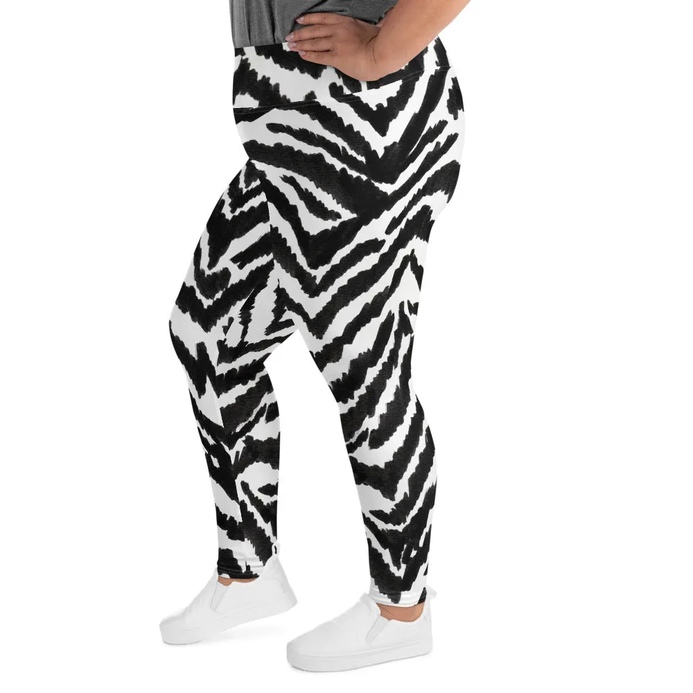 Zebra Plus Size Leggings, Black Striped Animal Print Women's Yoga Tights-Made in USA/EU