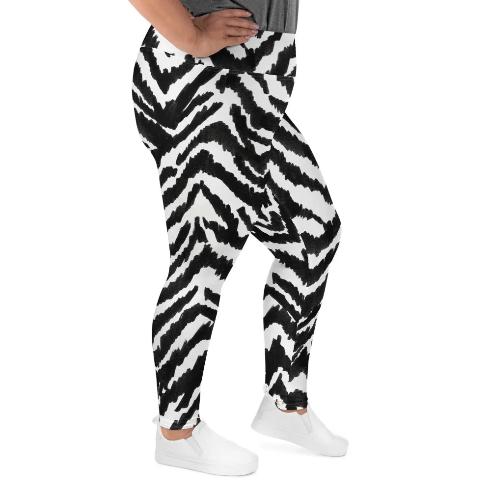 Zebra Plus Size Leggings, Black Striped Animal Print Women's Yoga Tights-Made in USA/EU