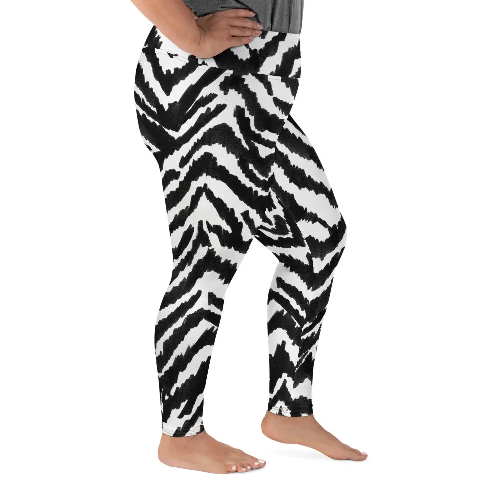 Zebra Plus Size Leggings, Black Striped Animal Print Women's Yoga Tights-Made in USA/EU