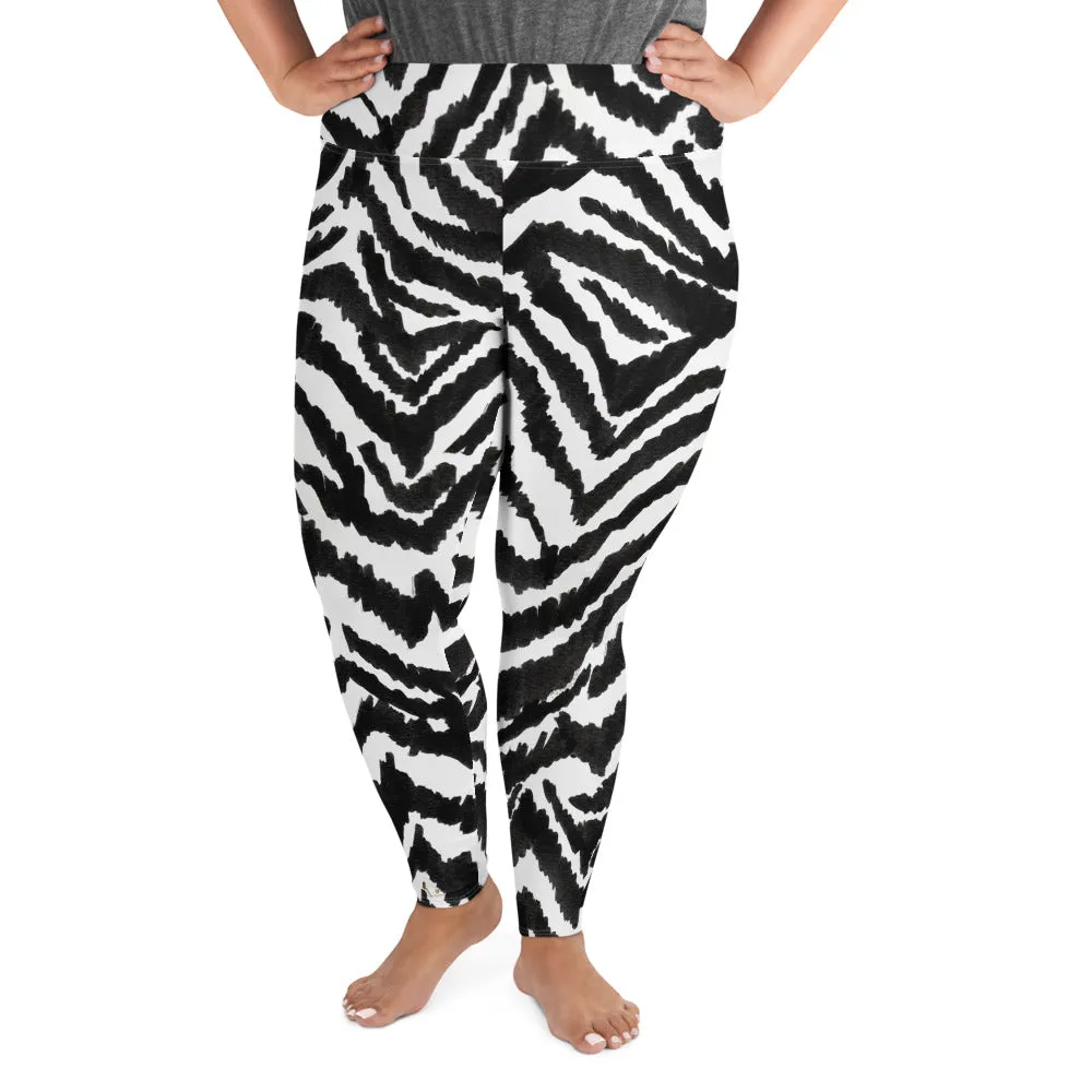 Zebra Plus Size Leggings, Black Striped Animal Print Women's Yoga Tights-Made in USA/EU